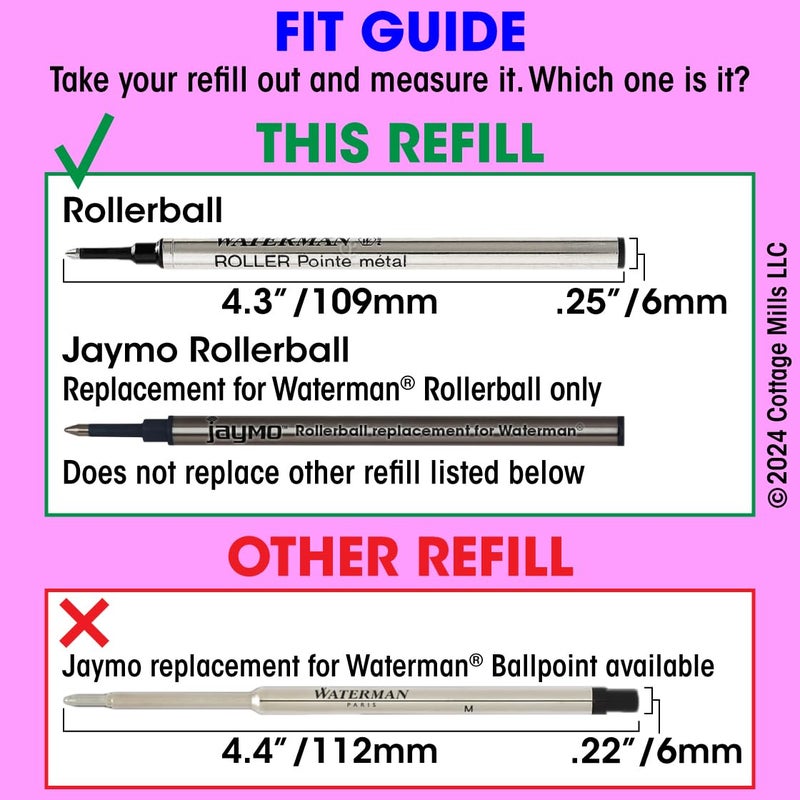 Jaymo Replacement for Waterman 540951 and Schmidt 5888 - Measures 4.3 in / 109 mm Long - Rollerball Pen Refill - 2 Black - Image 5